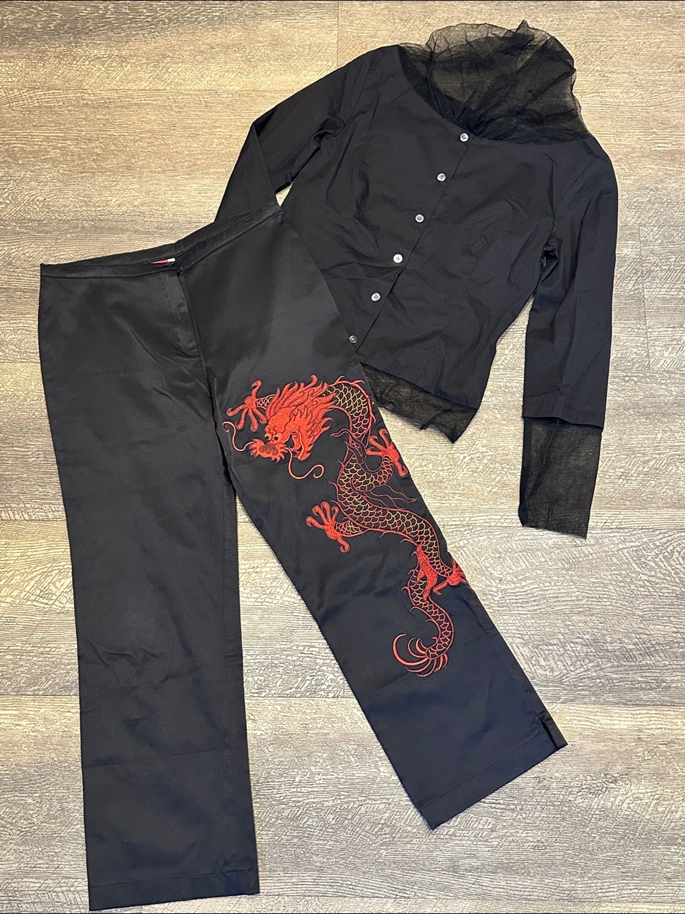 Bundle of Black Button-Up Stretch Top with Sheer Tulle Trim & Red Dragon Pants S